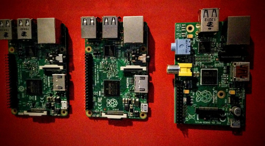 Pictured, left to right: Raspberry Pi 3, 2 and 1