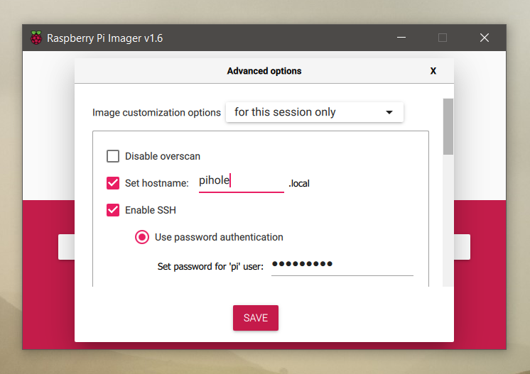 Advanced options Raspberry Pi imager