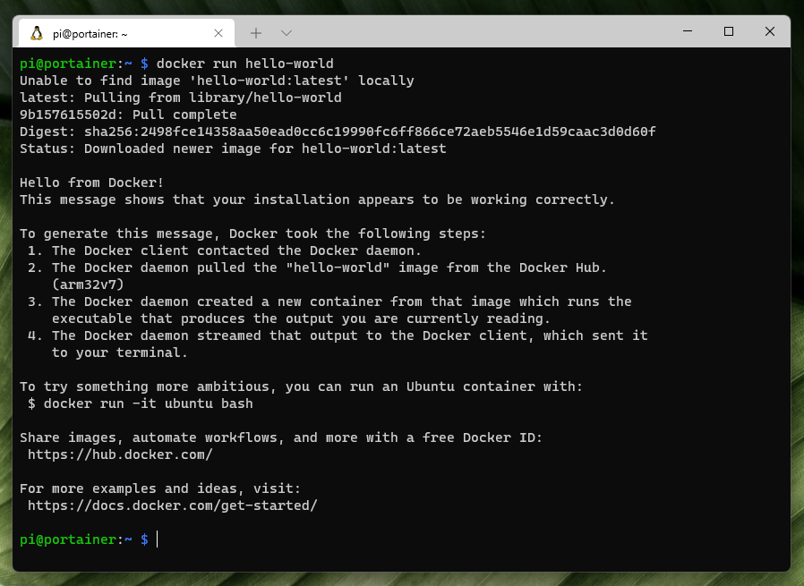 Docker hello-world running on Raspberry Pi